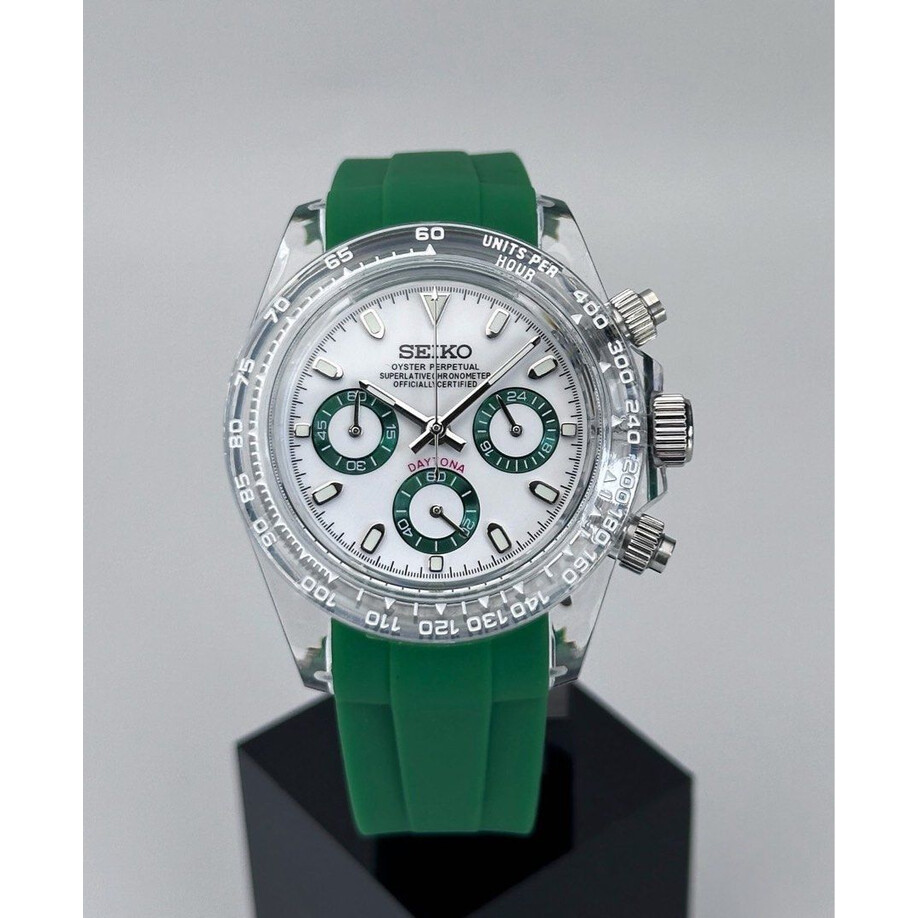 Custom Seiko Mod • White Green Clear Plastic Daytona (Quartz Chronograph) • 39.5mm
